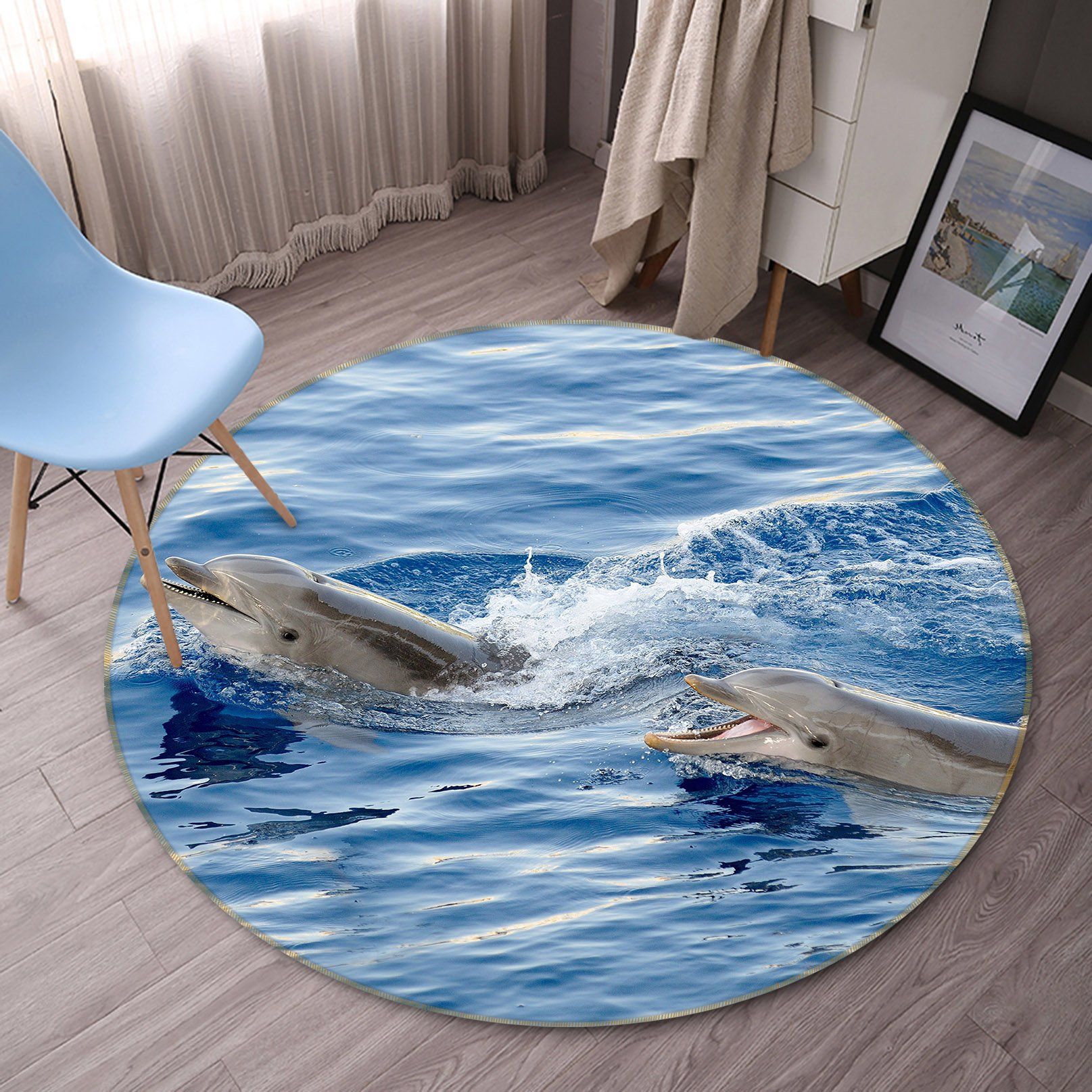 3d Two Dolphins Surge Over Sea Round Rug Home Decor