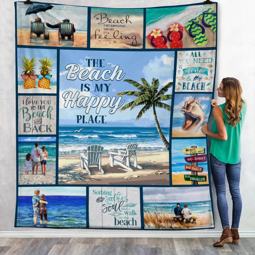 Beach Happy Place Fleece Blanket, Sherpa Blanket, Gift For Parent, Family Member, Friends Gift, Christmas Gift, Home Decor, Home Living