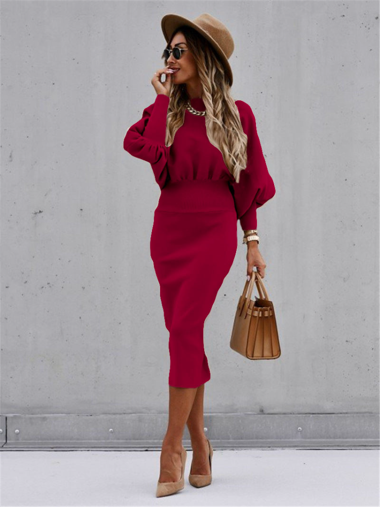 Women Elegant Office Bodycon Dress Lady Lantern Sleeve O Neck Party Dresses Autumn Winter Solid Long Dress 2022 Fashion Vestidos alx