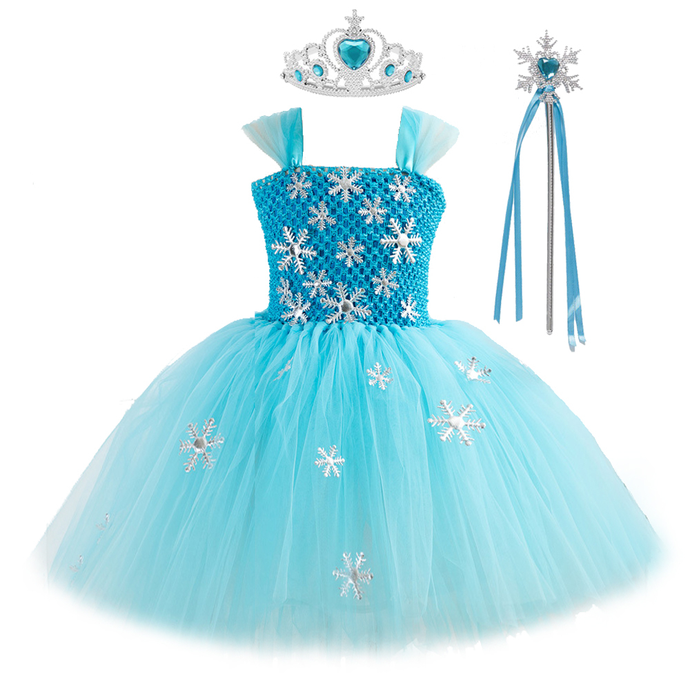 Blue Princess Elsa Dress for Girls Snow Queen Tutu Dress Up Costumes for Kids Girl New Year Clothes Snowflake Christmas Outfits alx