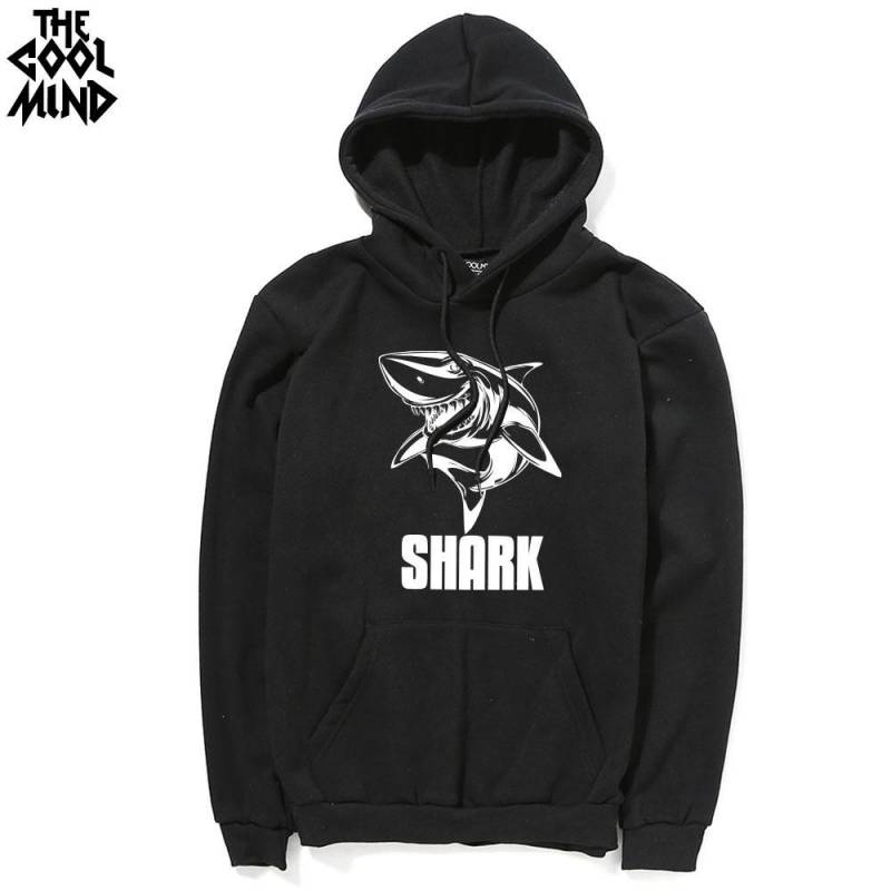 Cotton blend SHARK printed men hoodies with hat thick fabric autumn winter fleece men sweatshirts