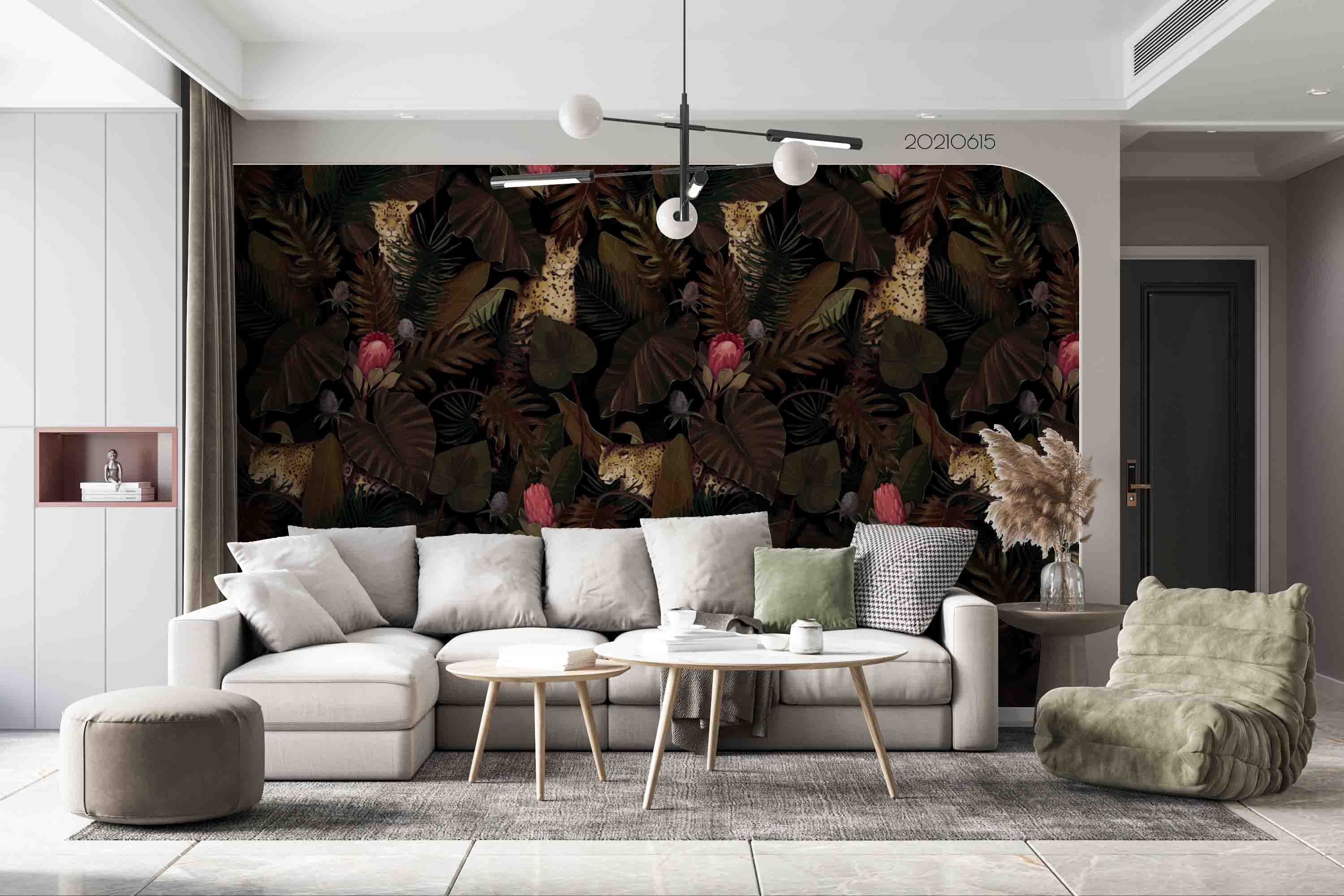 3D Vintage Leopard Leaf Pattern Seamless Wall Mural Wallpaper Sww2467