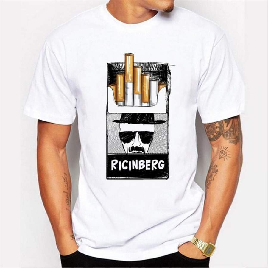 Fashion Men ‘S New Personalized Cigarette Printing High – Quality Casual Short – Sleeved Round Neck White T – Shirt