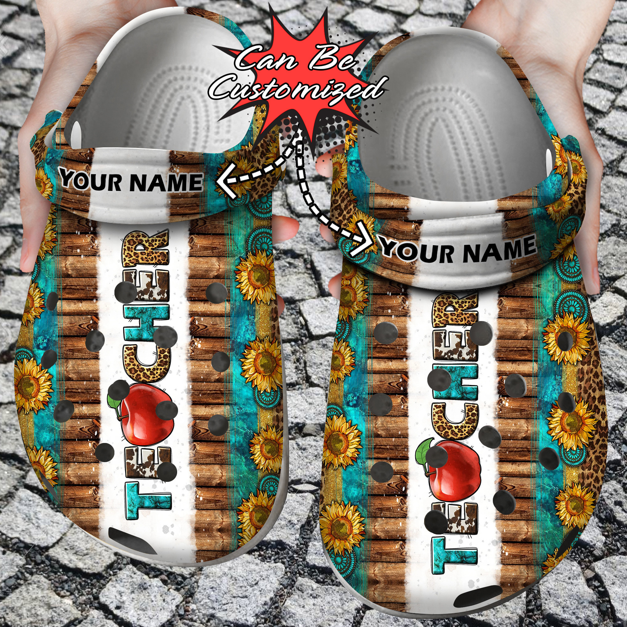 Custom Crocss Leopard Sunflowers Apple Teacher Clog Shoes