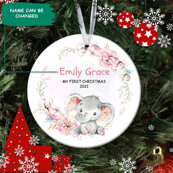 My First Christmas – Elephant Circle Ceramic Ornament – Personalized Decorative Christmas Ornament For Babies