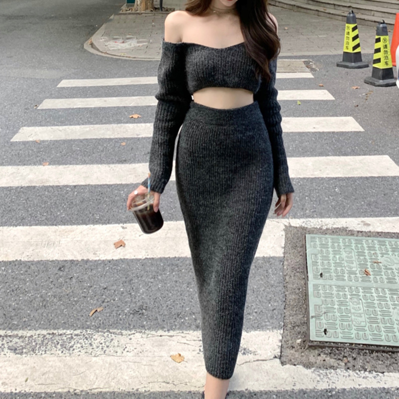 2021 Autumn Winter Knitted Suits Women Two Piece Set Slim Sweater Sexy Crop Top Bodycon long Skirt Set ropa mujer ensemble femme alx