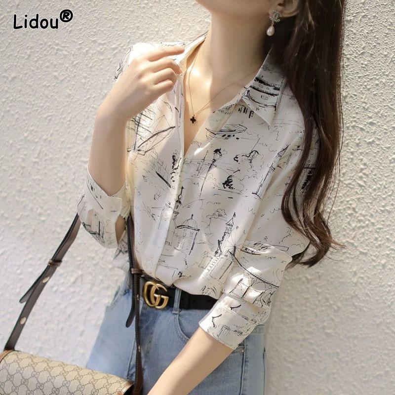 2022 New Slim Spring Autumn Shirts Single Breasted Thin Chiffon Polo-Neck Printing Office Lady Floral Women’s Clothing Elegant alx