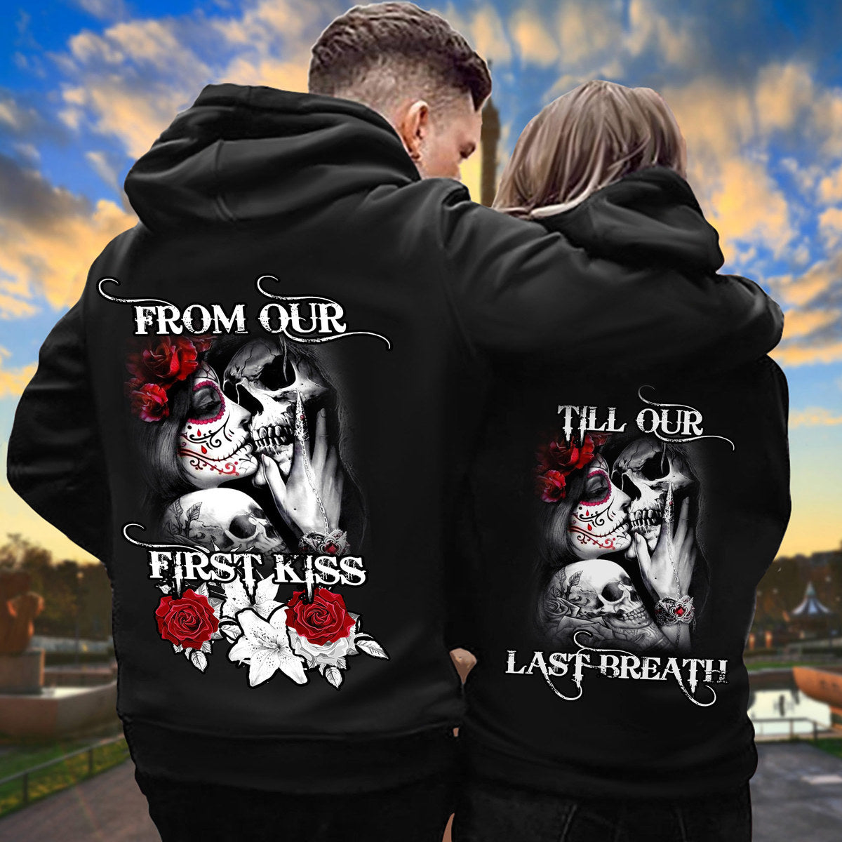 From Our First Kiss Till Our Last Breath Hoodie, Sugar Skull Couple Hoodie, Couple Hoodie, Skull Hoodie, Husband Wife Hoodie