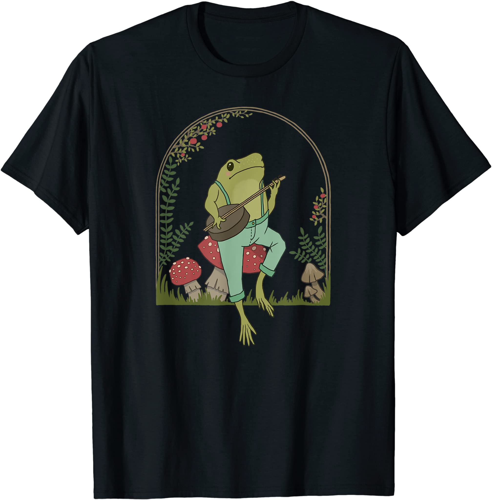 Cottagecore Aesthetic Frog Playing Banjo On Mushroom Cute T-Shirt