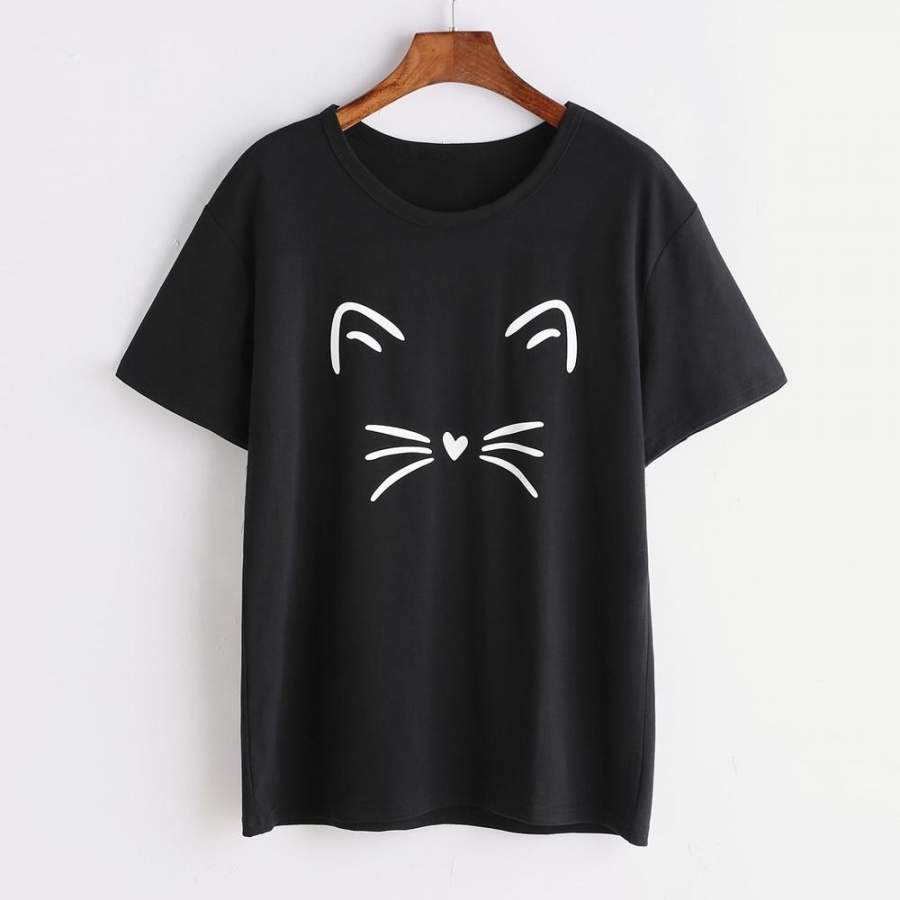 Women Fashion Casual Short Sleeve O-Neck Cat Printed Causal Blouse Tops T-Shirt.