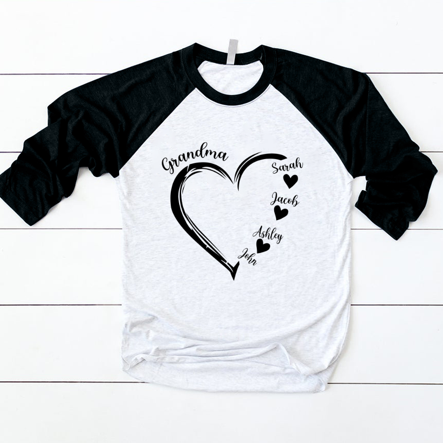 Grandma And Grandkids Heart , Grandma Heart Shirt, Custom Nana Shirt, Grandma And Grand Kids Baseball