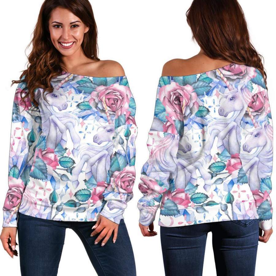 White Fairy Rose Unicorn Pattern Print Off Shoulder Sweatshirt