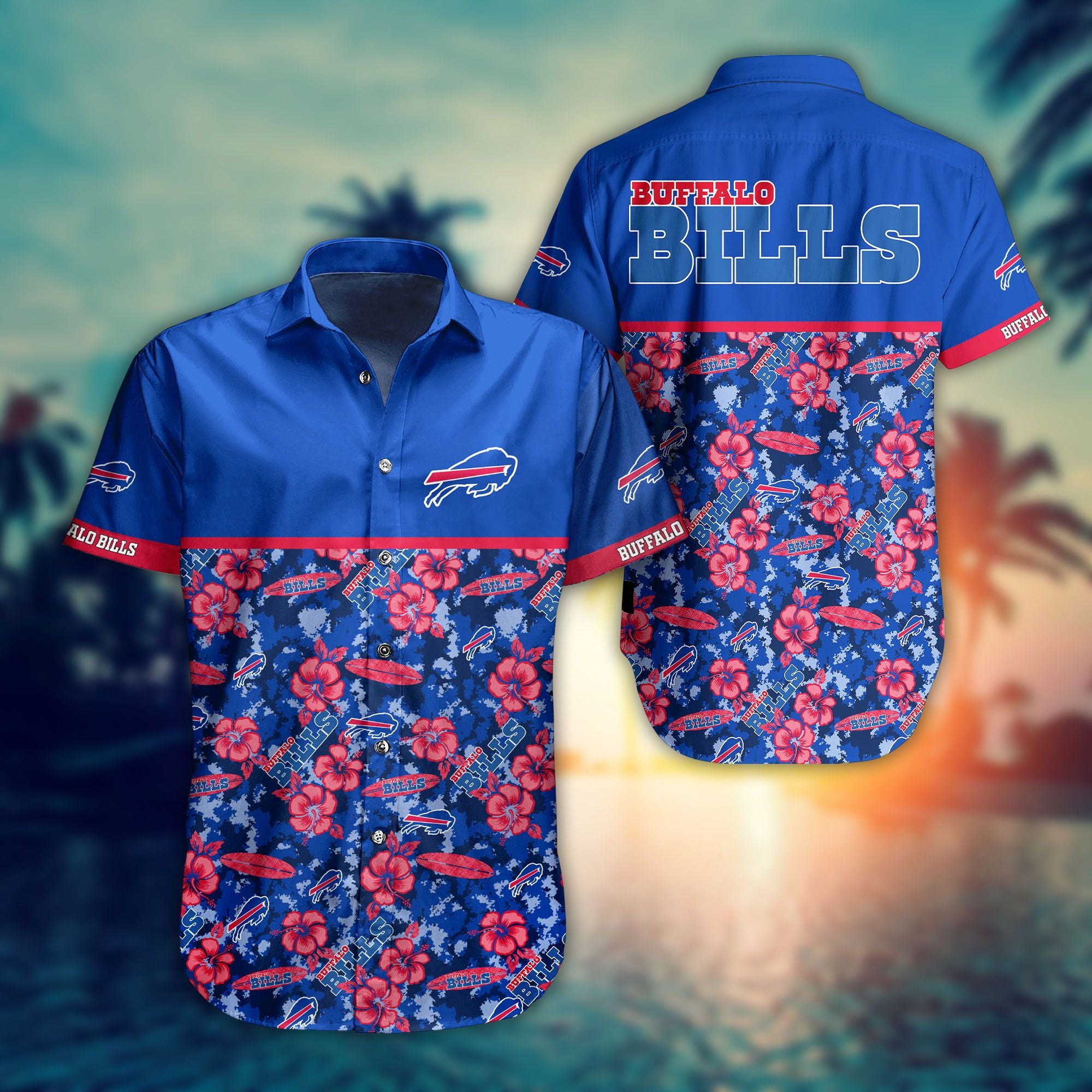 Unifinz Buffalo Bills Hawaiian Shirt Buffalo Symbol Pink Hibiscus Flowers Blue Hawaii Shirt Cool Buffalo Bills Aloha Shirt 2022