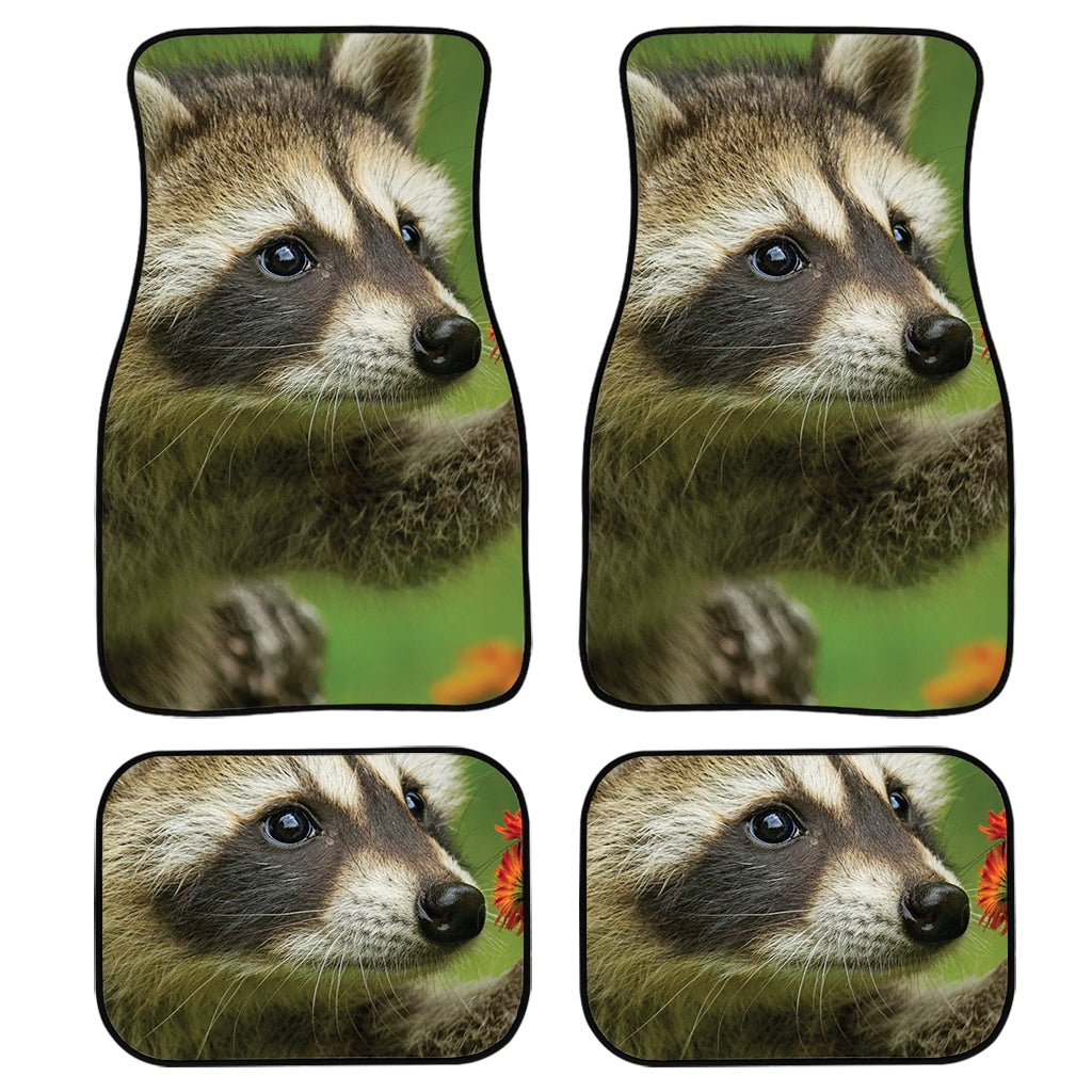 Raccoon And Flower Print Front And Back Car Floor Mats, Front Car Mat