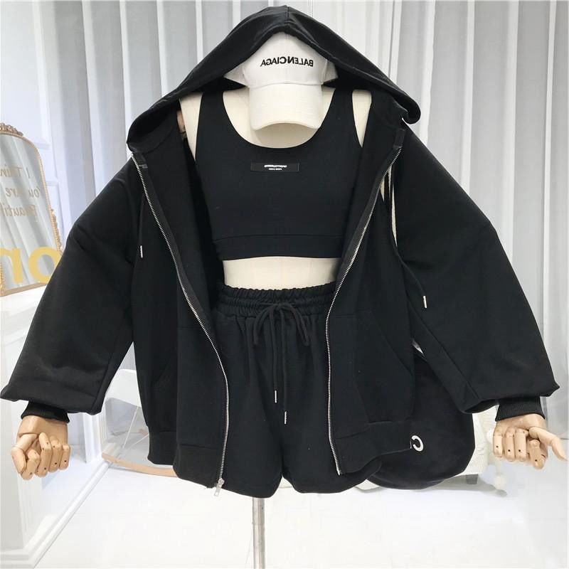 Camisole Tops Drawstring Wide Leg Shorts Sets 2022 Fall Pink Hooded Sweatshirts Coat Two Piece Outfits Black White Grey Wild alx