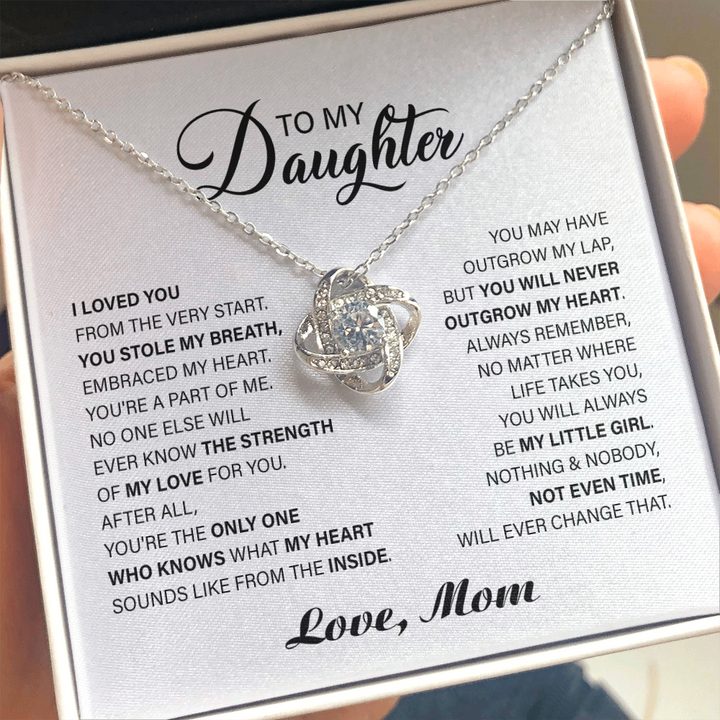 To My Daughter Necklace Gift – You May Have Outgrow My Lap, But You Will Never Outgrow My Heart My Little Girl Love Knot Necklace Lx024A