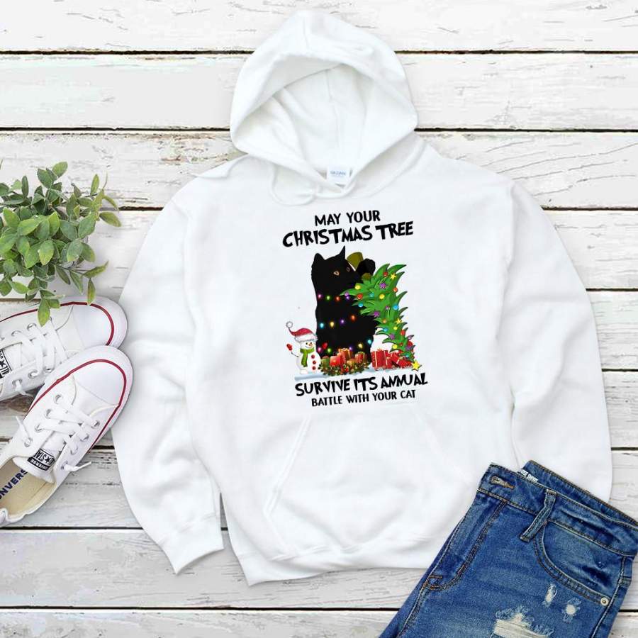 Black cat may your christmas tree annual battle with your cat colorul light happy snowman lovers white hoodie for men and women S-5XL