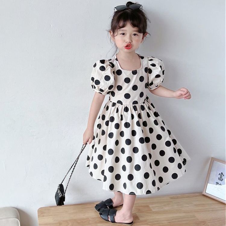 Teenager Korean 2022 Summer Girls Polka Dot Puff Sleeves Waist Backless Dress Kids Baby Fashion Casual Princess Mid Calf Dresses alx