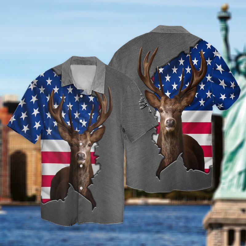 Hunting Deer Us Flag Full Print Hawaii Shirt Ha40902