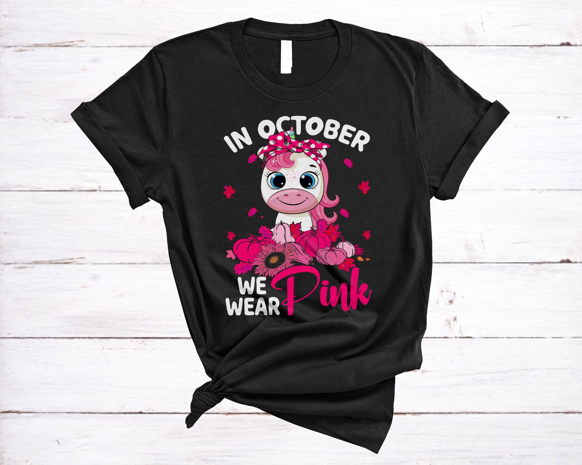 We Wear Pink In October Cute Breast Cancer Awareness Halloween Pink Unicorn Pumpkin T-Shirt