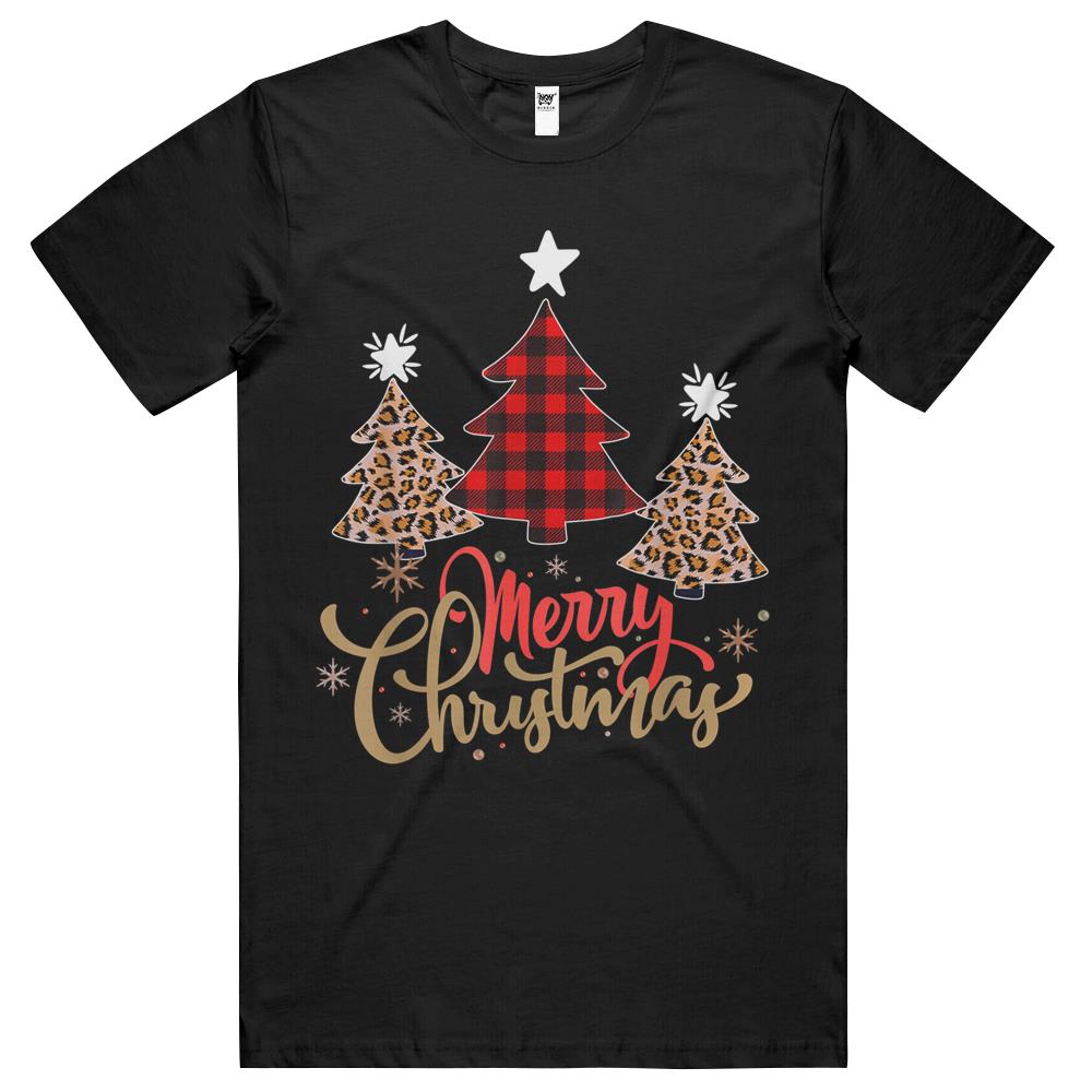 Women Leopard Plaid Christmas Tree Merry Christmas T Shirts