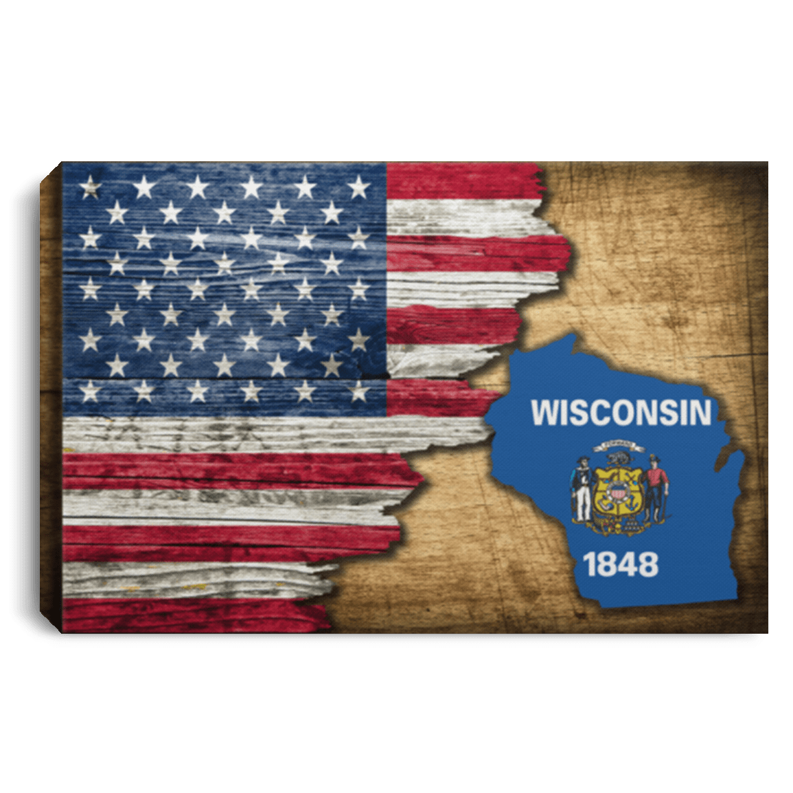 United States/Wisconsin Flag Ripped Effect 12X8 Inches Landscape Canvas .75In Frame