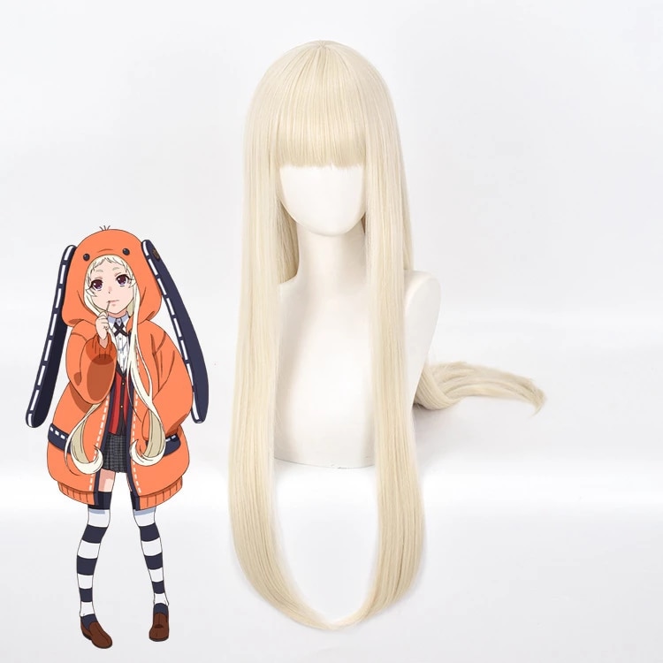 80cm Anime KAKEGURUI Cosplay Yomoduki Runa Women straight Bang Long straight Wig Role Play Halloween Comsume Golden Hair wig alx