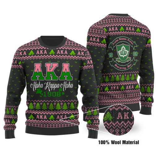 Aka 1908 Alpha Kappa Alpha Black Background Ugly Christmas Wool Sweater