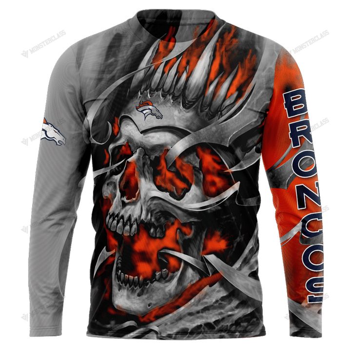 Denver Broncos Custom Name Number Skull Orange Grey Gift For Fan 3D Full Printing Sweatshirt