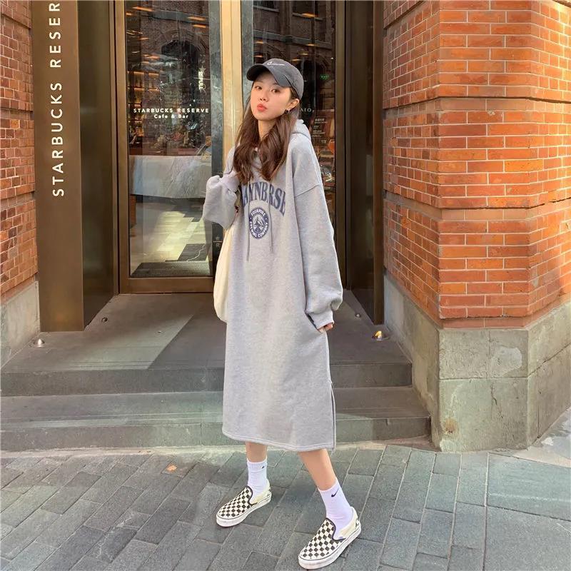 Women Hooded Long Sleeve Dress Letter Printed Aesthetic Loose Mid Calf Dresses Elegant Cool L-5XL Korean Fashion Warm Vestidos alx