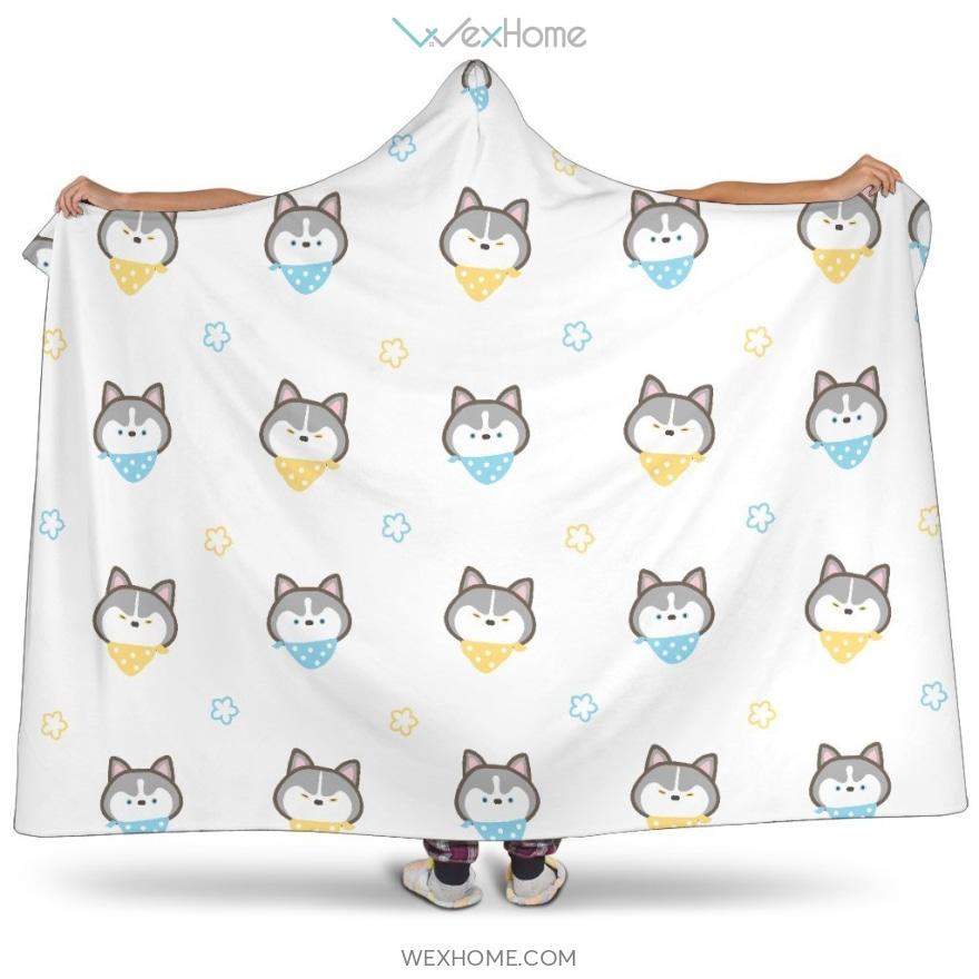 Cute Siberian Husky Pattern Hooded Blanket