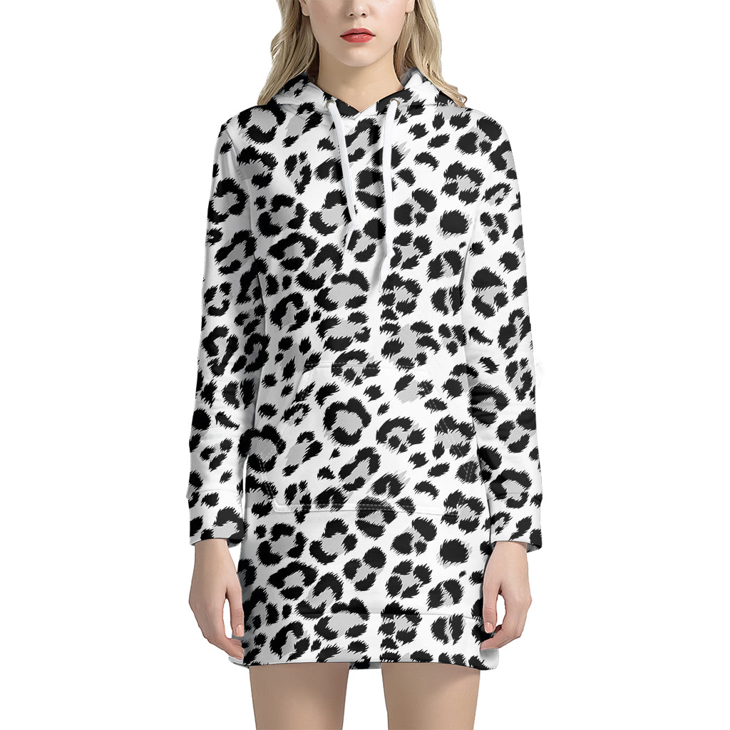 White Leopard Print Women’S Pullover Hoodie Dress