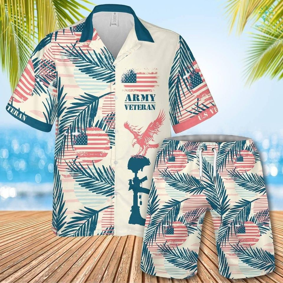 U.S Army Veteran Hawaiian Shirt & Shorts Set Summer Beach Clothing Clothes For Men Ht – Men Hawaii Shorts