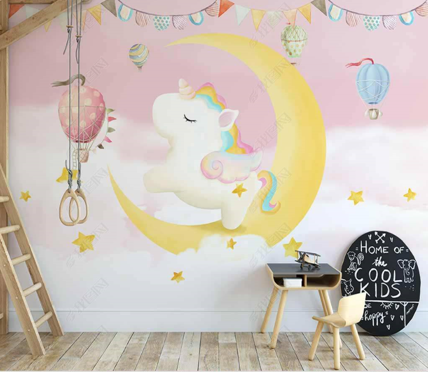 3D Cartoon Animal Unicorn Moon Wall Mural Wallpaper Lqh 145