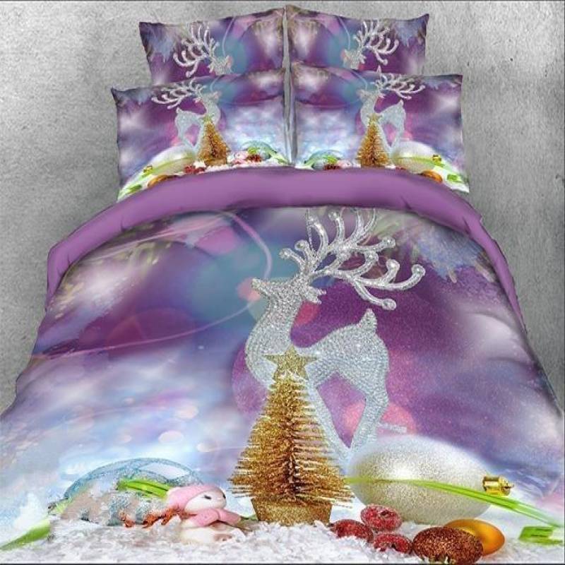 3D Christmas Ornaments And Reindeer Printed Cotton Luxury 4-Piece Bedding Sets/Duvet Covers