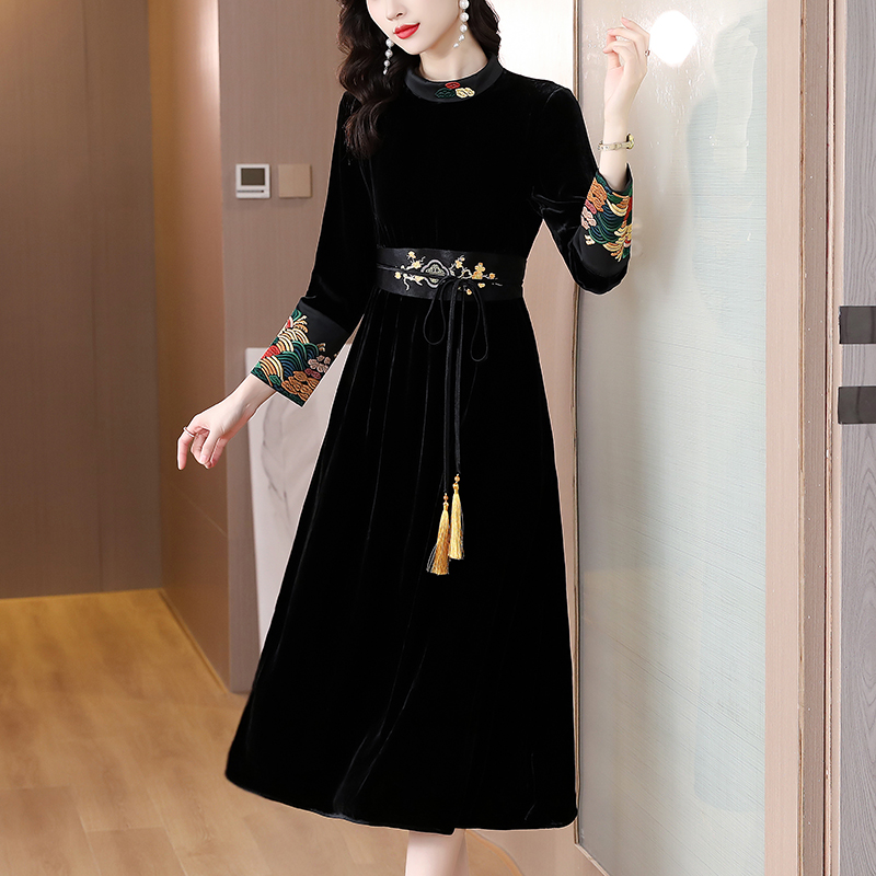 AIMEILI Women Autumn Winter Velvet Dress Lady Long Sleeve Party Velour Dress Long Sleeve Casual A-Line Long Dress Elegant Vesito alx