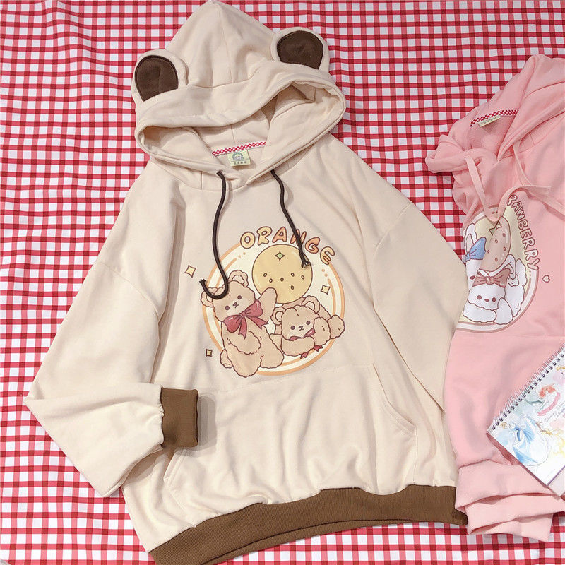 KOSAHIKI Kawaii Hoodies Women Japanese Cartoon Print Rabbit Bear Hooded Top 2022 Harajuku Sweatshirt Girls Cute Graphic Hoodie alx