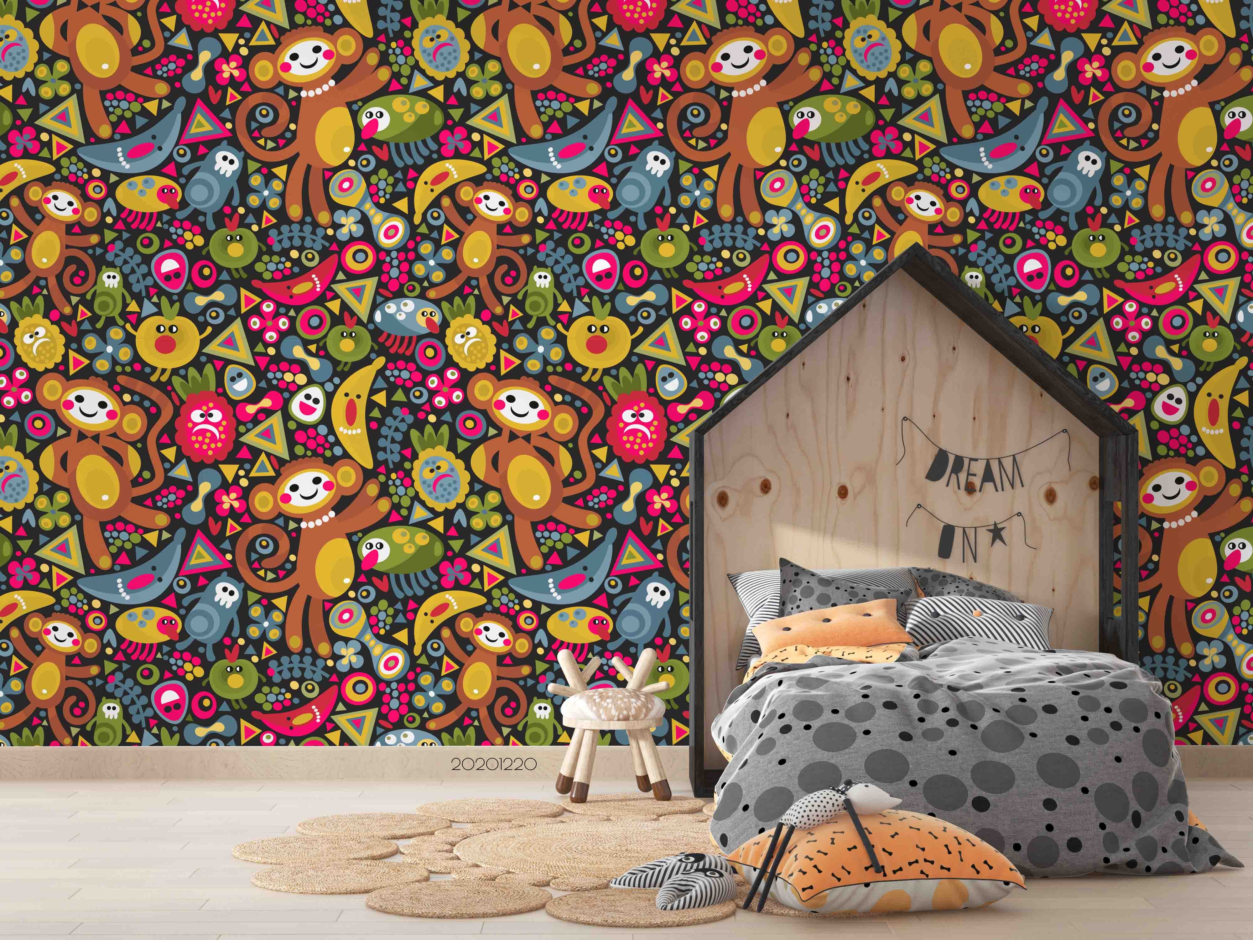 3D Hand Drawn Animal Monkey Banana Wall Mural Wallpaper Lqh 115