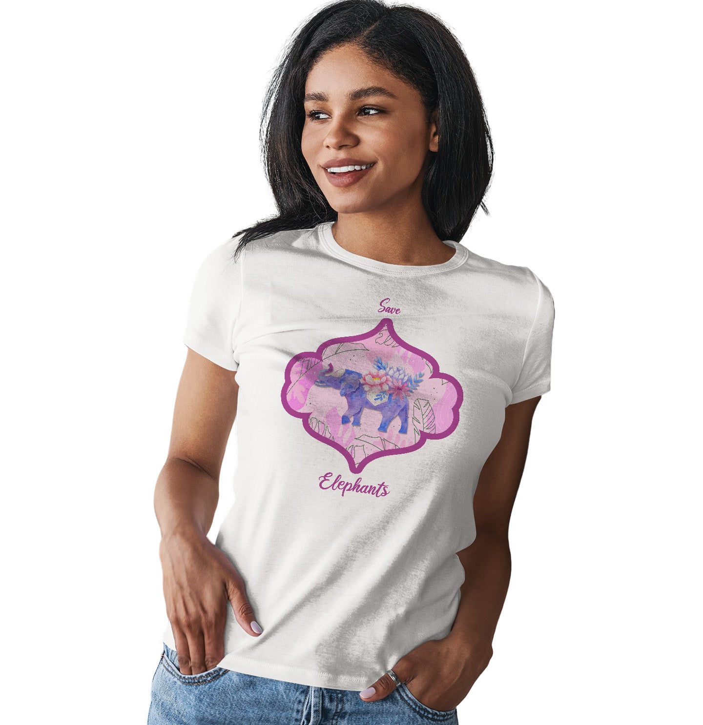 Save Elephants Pink Flowers – Women’S Fitted T-Shirt