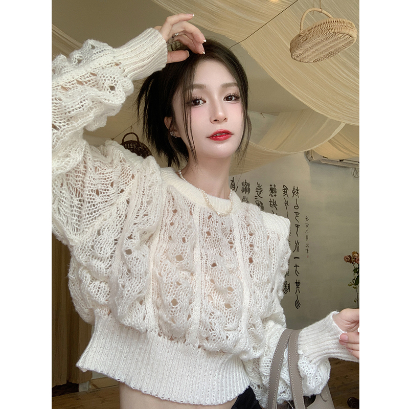 White Cropped Pullovers Tops 2022 Women’s Clothing O-neck Puff Sleeve Jumper Y2k Tops Chic Hollow Out Knit Thin Sweater Sueter alx