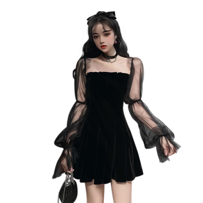 Fashion Mesh Stitching Bubble Sleeve Dresses Women Spring &Autumn Strapless Waist Puffy Dress Black alx