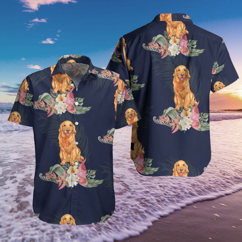 Navy Floral Golden Retriever Hawaii Shirt Summer Holiday Ha5400