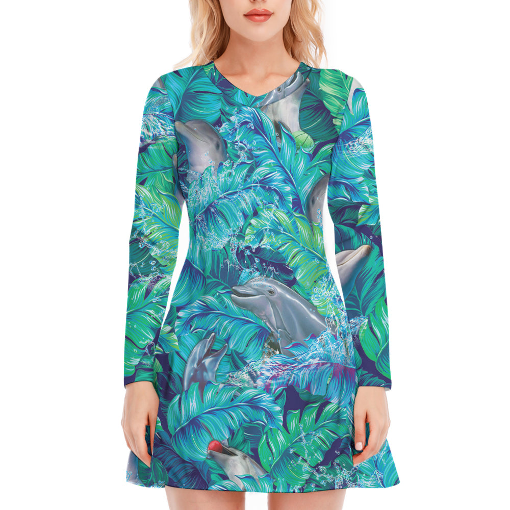 Dolphin Tropcial Monstera V-Neck Long Sleeve Dress