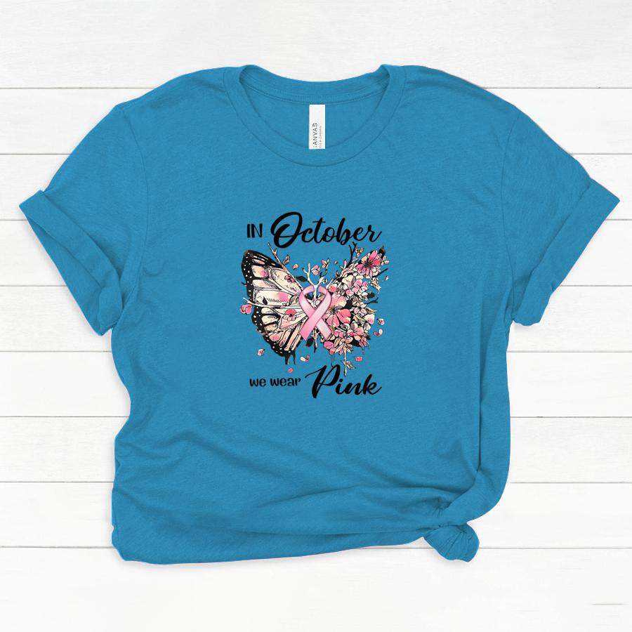 Womens In October We Wear Pink Ribbon Breast Cancer Awareness T Shirt