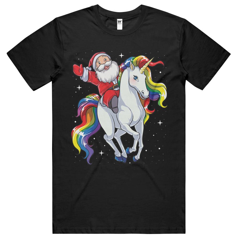 Santa Riding Unicorn T Shirt Christmas Gifts Rainbow Space Xmas T-Shirt Gifts Ideas T Shirts