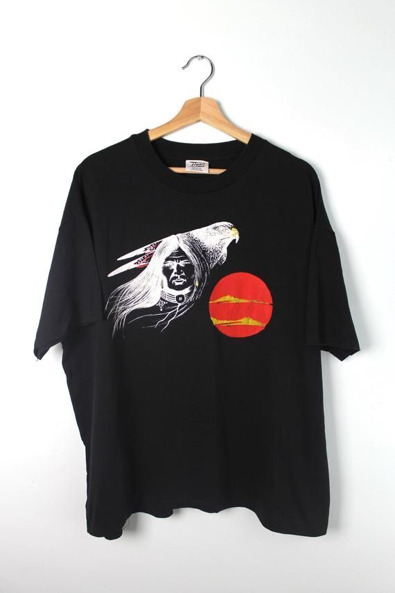 80S Vintage Native American Graphic Shirt Tiger Burning Sun Red Sun Eagle Single Stitched Black Shirt