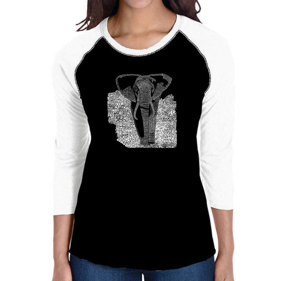 LA Pop Art Women’s Raglan Baseball Word Art T-shirt – ELEPHANT