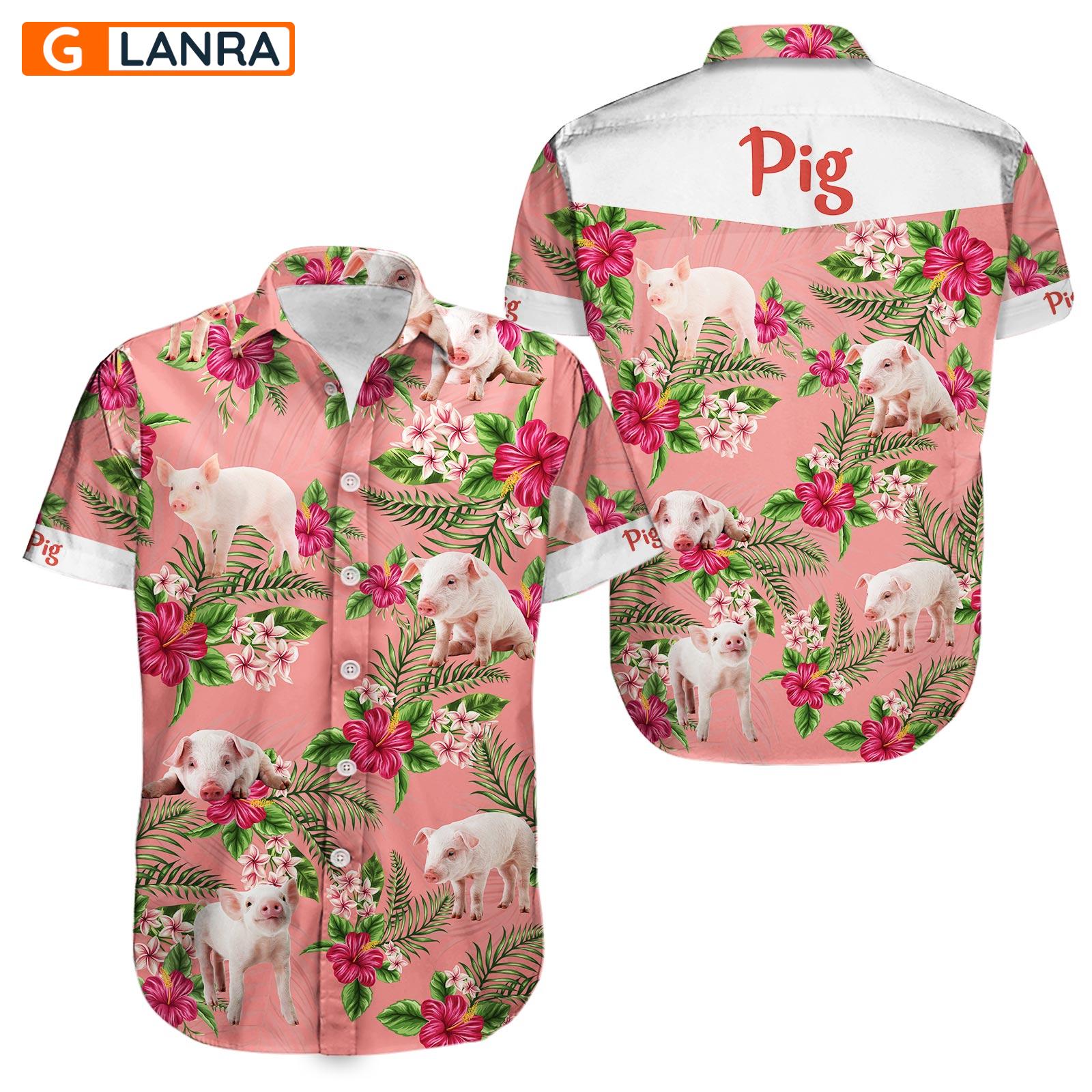 Pig Button Shirt, Pig Leaves Flower Button Shirt, Pig Farm Button Shirt, Summer Pig Hawaiian Shirt, Summer Tropical Shirt