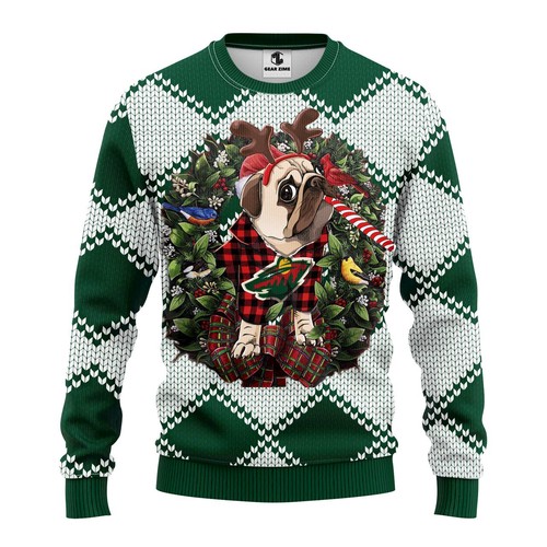 Minnesota Wild Pug Dog Christmas Gift For Fan Ugly Wool Sweater Christmas