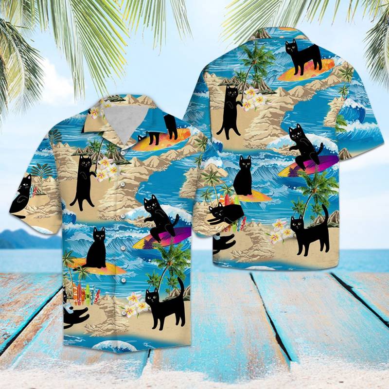 Black Cat Summer Vacation Hawaii Shirt Ha111086